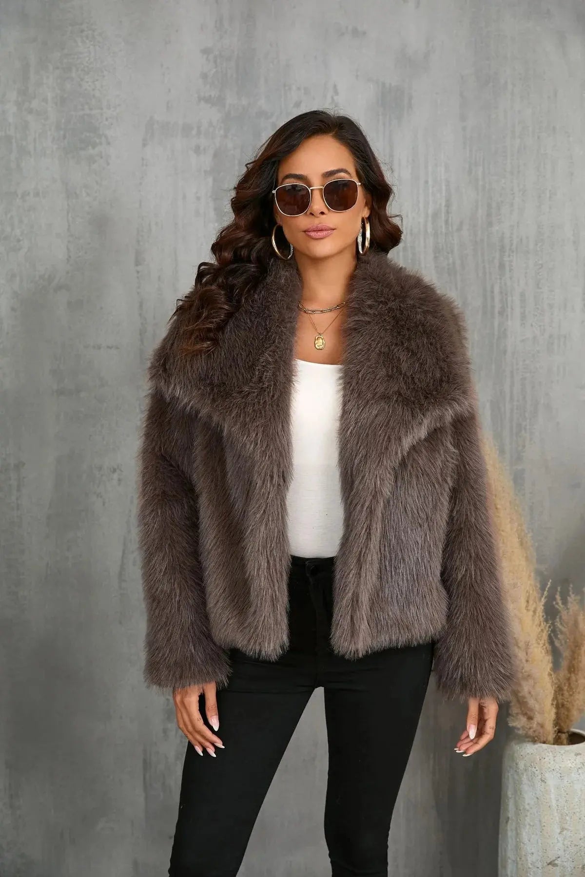 Oversized Faux Fur Coat Beige Grey Black Wide Lapel Winter Outerwear Textured Plush Finish Relaxed Silhouette Statement Layering Piece | Koossa