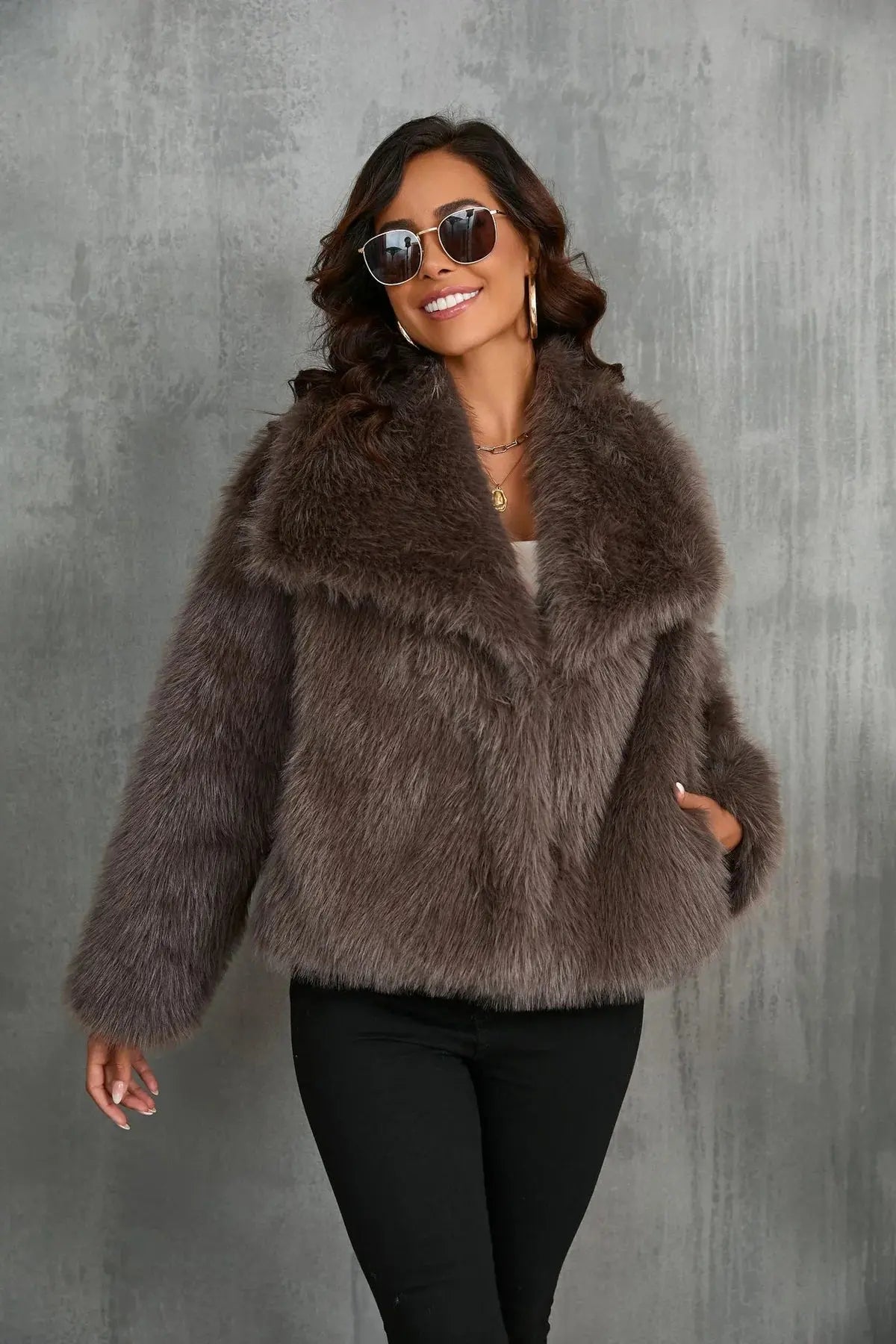 Oversized Faux Fur Coat Beige Grey Black Wide Lapel Winter Outerwear Textured Plush Finish Relaxed Silhouette Statement Layering Piece | Koossa