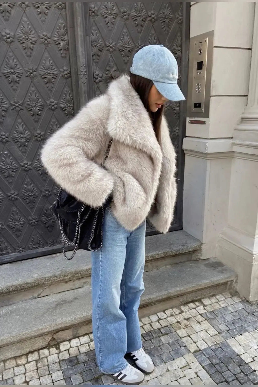 Oversized Faux Fur Coat Beige Grey Black Wide Lapel Winter Outerwear Textured Plush Finish Relaxed Silhouette Statement Layering Piece | Koossa
