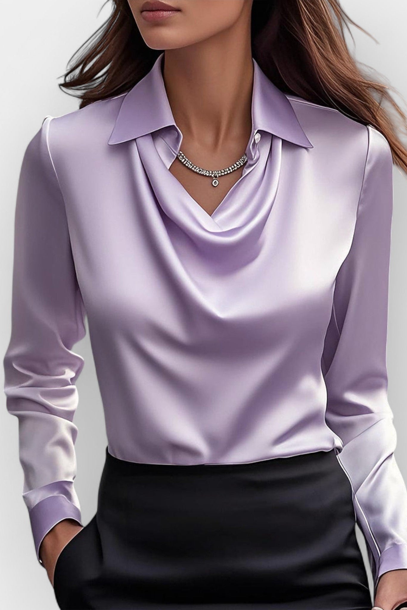 Collared Drape Neck Blouse in Lightweight Weave for Office and Evening | Women's Long Sleeve Smart Top with Elegant Neckline Detail | Koossa