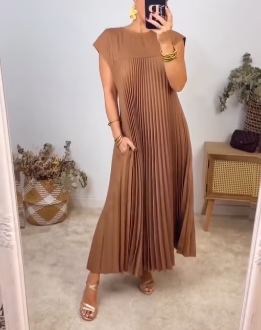 Women's Sleeveless Pleated Midi Dress in Soft Jersey Fabric for Daywear & Evenings | Koossa