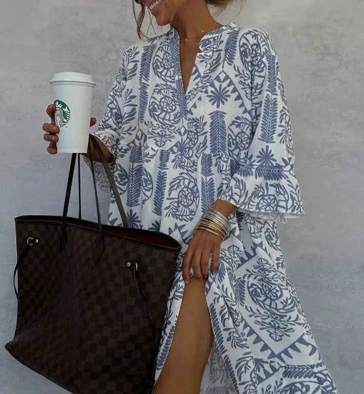 Women's Bohemian Patterned Mini Dress with Long Sleeves in Blue – Relaxed Day Dress for Spring Summer Occasions | Koossa