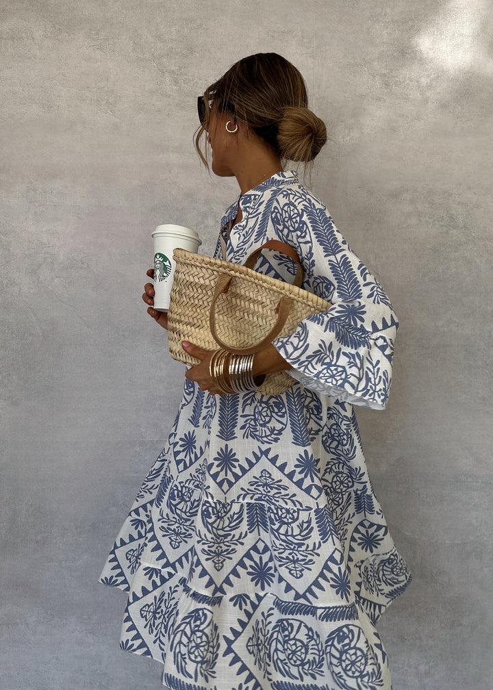Women's Bohemian Patterned Mini Dress with Long Sleeves in Blue – Relaxed Day Dress for Spring Summer Occasions | Koossa