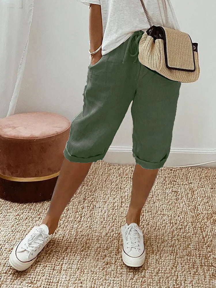 Women's Cropped Linen Trousers with Drawstring Waist in Relaxed Fit | Breathable Summer Trousers | Koossa