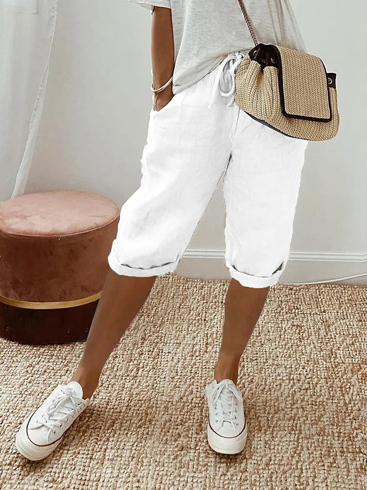 Women's Cropped Linen Trousers with Drawstring Waist in Relaxed Fit | Breathable Summer Trousers | Koossa