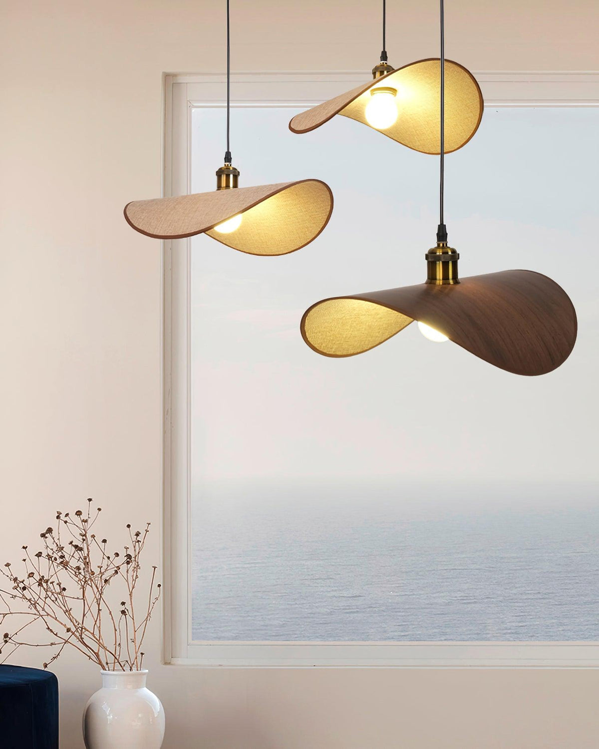 Hanging Ceiling Light with Linen Drum Shade and Wood Accent for Dining Room Kitchen Island Bedroom Modern Farmhouse Fixture | Lonoma