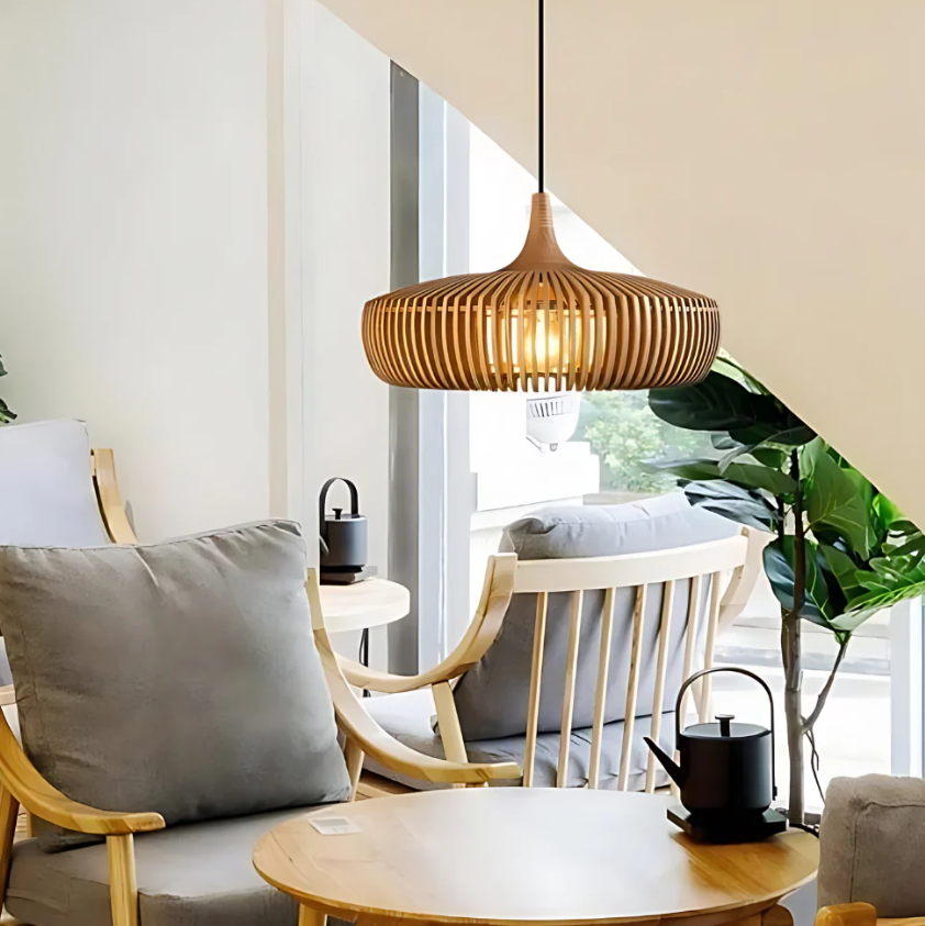 Suspension en bois massif style Japandi 43 cm luminaire naturel ambiance chaleureuse salon salle à manger chambre zen | Koossa