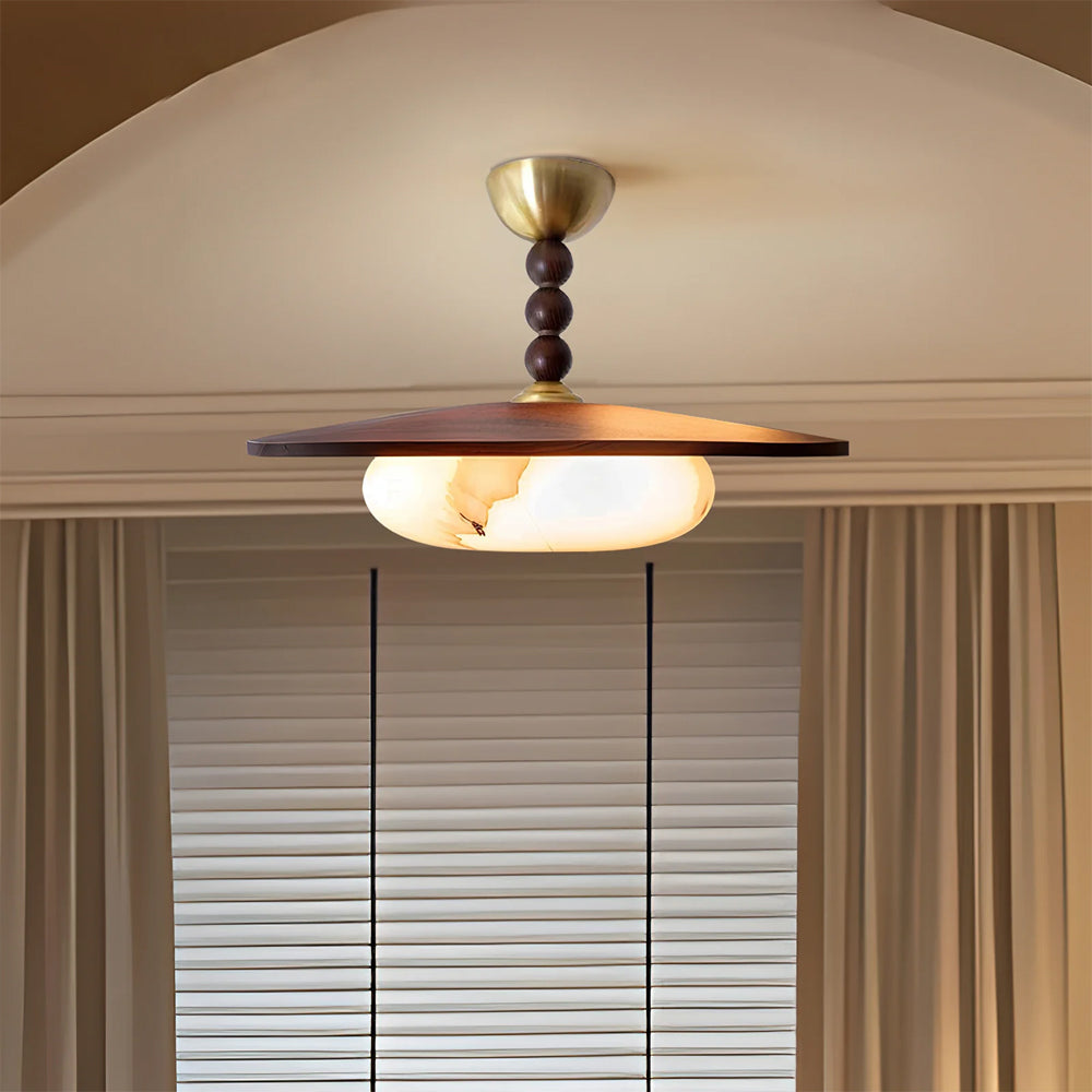 Flush Mount LED Ceiling Light, 14 in Round Walnut Wood with Alabaster Glass Diffuser, Brass Accent Fixture for Bedroom, Hallway, Entryway | Lonoma