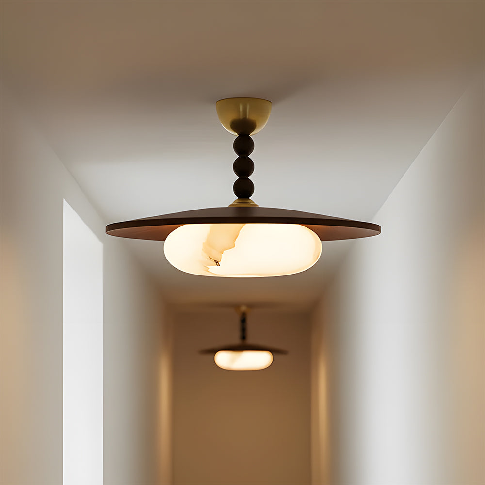 Flush Mount LED Ceiling Light, 14 in Round Walnut Wood with Alabaster Glass Diffuser, Brass Accent Fixture for Bedroom, Hallway, Entryway | Lonoma
