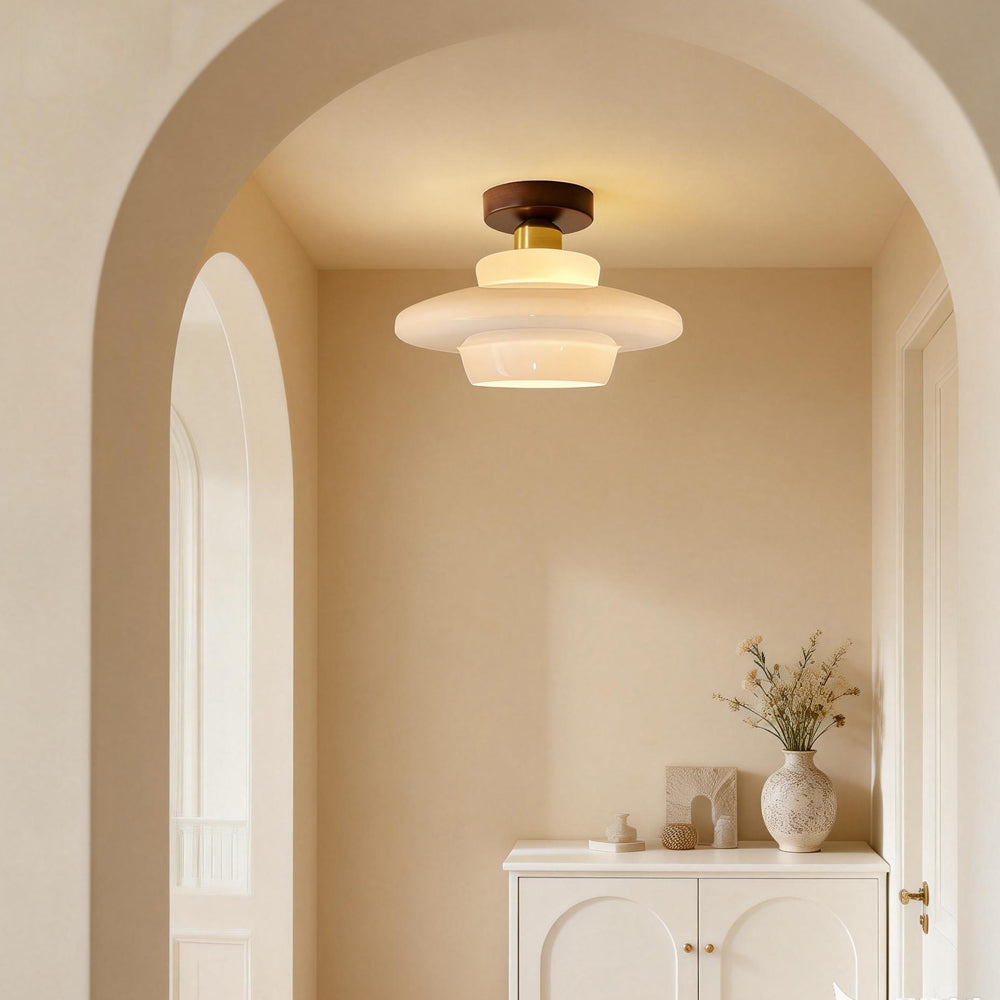 Plafonnier Bois Noyer et Verre Cuivré E27 Style Scandinave pour Entrée Cuisine Salon Luminaire Nordique Naturel | Koossa