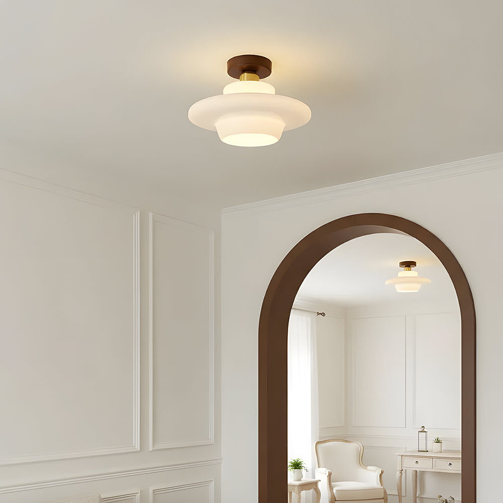 Plafonnier Bois Noyer et Verre Cuivré E27 Style Scandinave pour Entrée Cuisine Salon Luminaire Nordique Naturel | Koossa