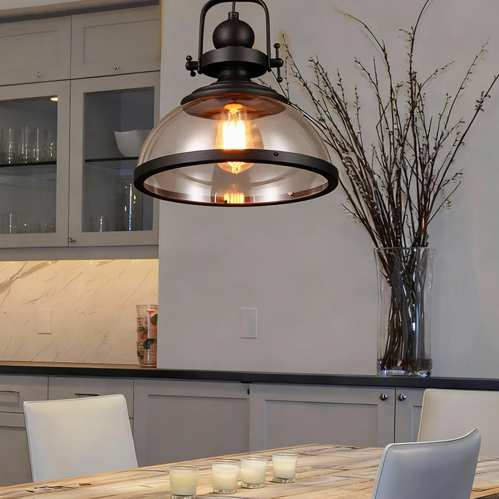 Black Iron Glass Pendant Light, 12 in Hanging Fixture with Adjustable Chain, E26 Socket for Kitchen Island, Dining Room, Bedroom | Lonoma