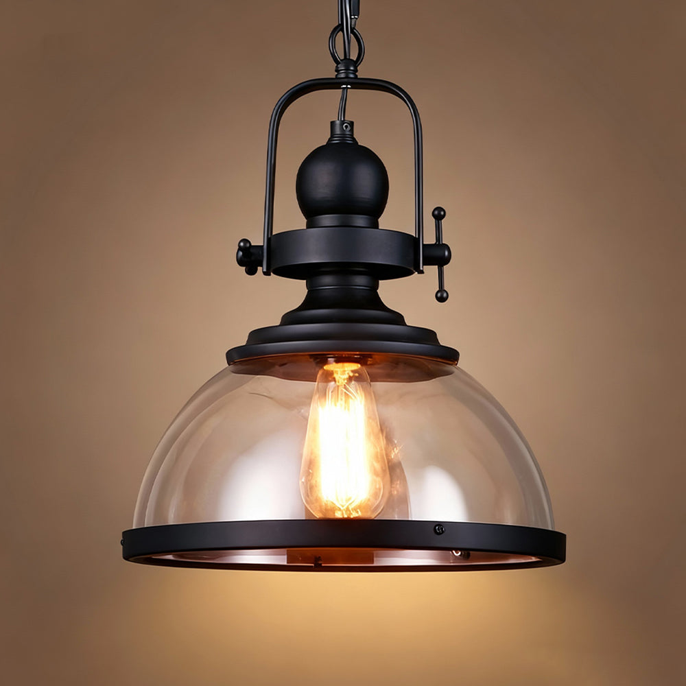 Black Iron Glass Pendant Light, 12 in Hanging Fixture with Adjustable Chain, E26 Socket for Kitchen Island, Dining Room, Bedroom | Lonoma