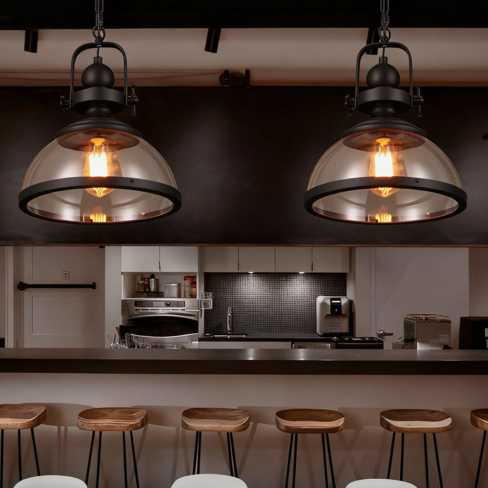 Black Iron & Glass Dome Pendant Light, 12 in Hanging Fixture with Adjustable Chain for Kitchen Island, Dining Table, Bedroom | Lonoma