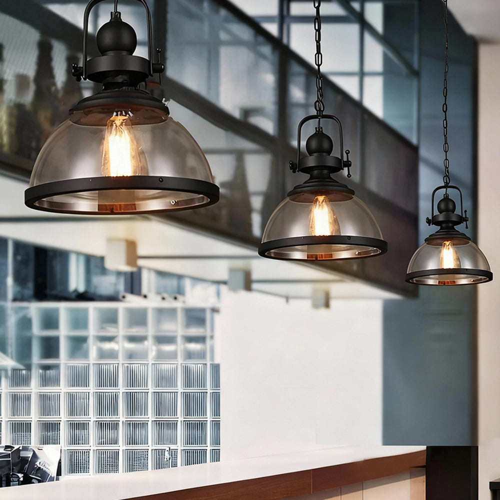 Black Iron Glass Pendant Light, 12 in Hanging Fixture with Adjustable Chain, E26 Socket for Kitchen Island, Dining Room, Bedroom | Lonoma