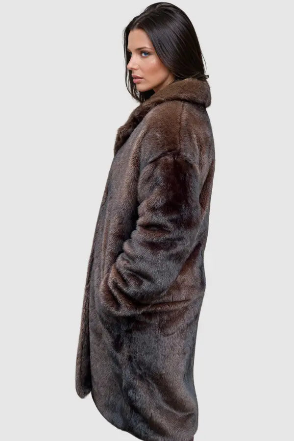 Oversized Faux Fur Coat in Brown with Lapel Collar for Winter Elegance | Women's Long Outerwear | Koossa