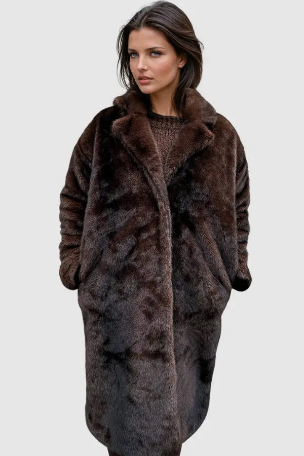 Oversized Faux Fur Coat in Brown with Lapel Collar for Winter Elegance | Women's Long Outerwear | Koossa