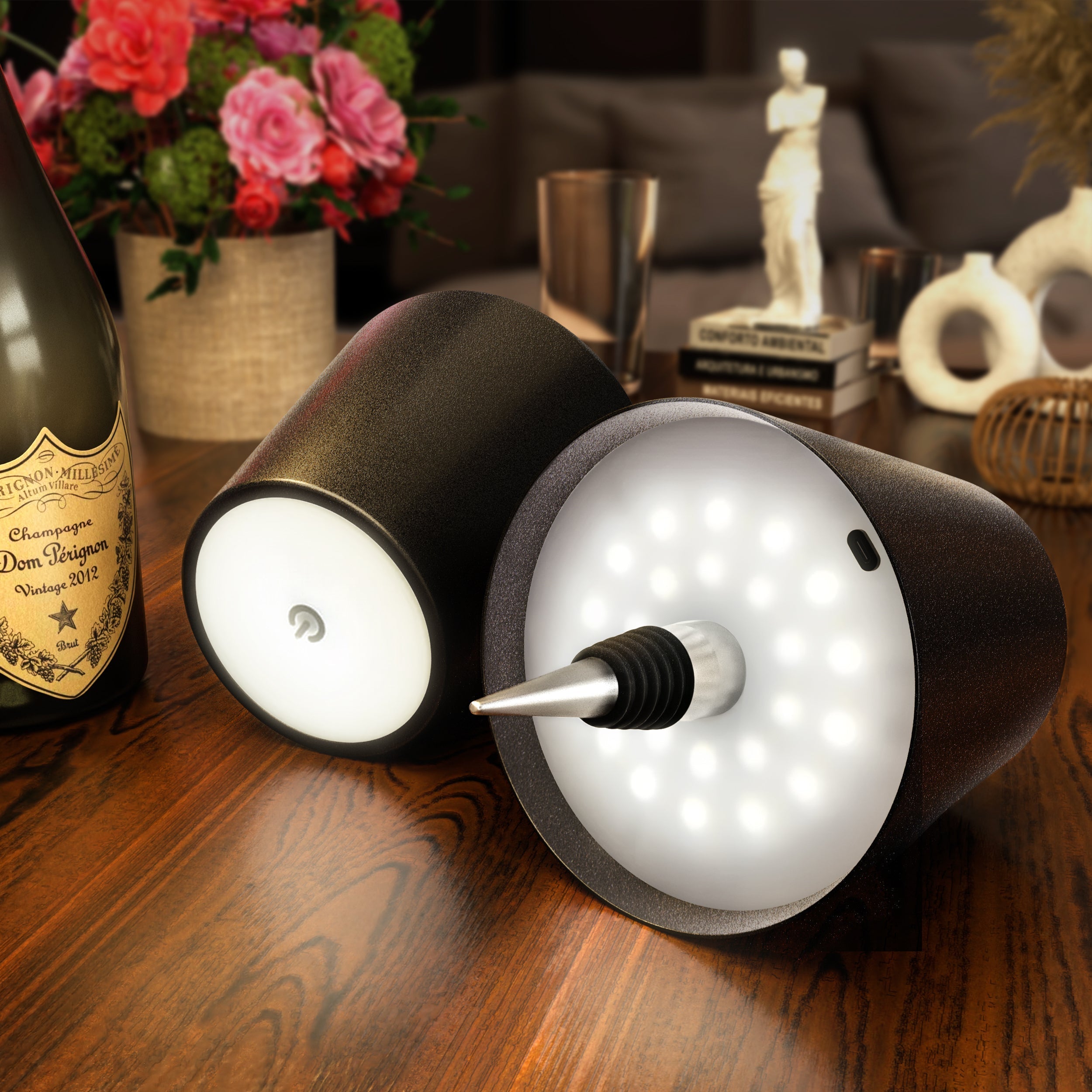 Lampe bouteille sans fil rechargeable LED noir 3000K USB-C pour décoration de table bar restaurant ambiance | Koossa