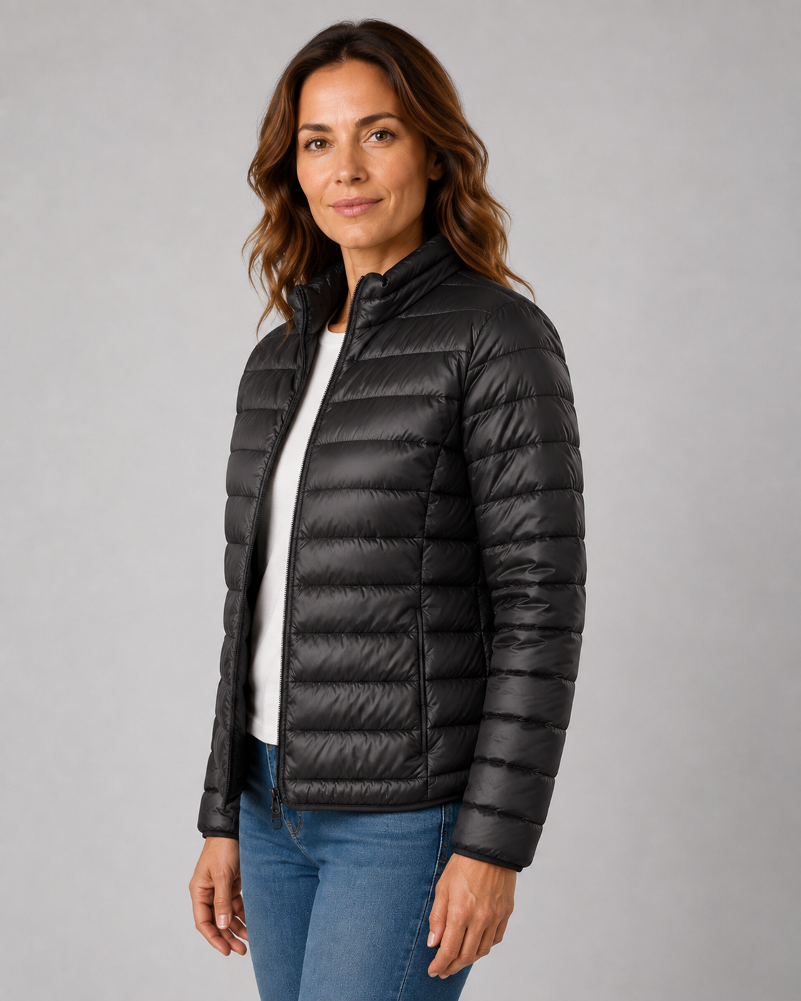Women's Quilted Puffer Coat with High Funnel Neck and Front Zipper – Insulated Midweight Outerwear for Fall and Spring – Casual Layering | Lonoma