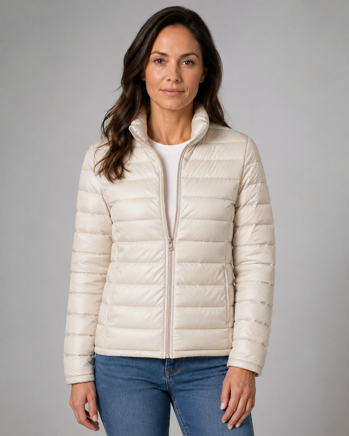 Women's Quilted Puffer Coat with High Funnel Neck and Front Zipper – Insulated Midweight Outerwear for Fall and Spring – Casual Layering | Lonoma