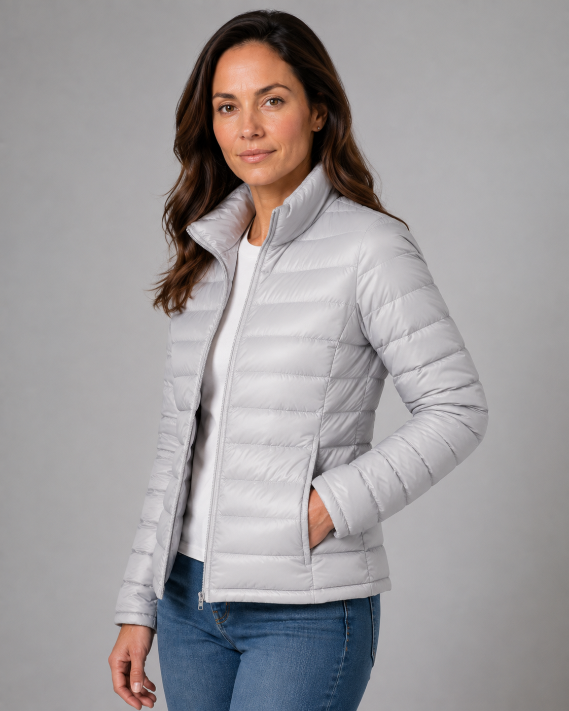 Women's Quilted Puffer Coat with High Funnel Neck and Front Zipper – Insulated Midweight Outerwear for Fall and Spring – Casual Layering | Lonoma