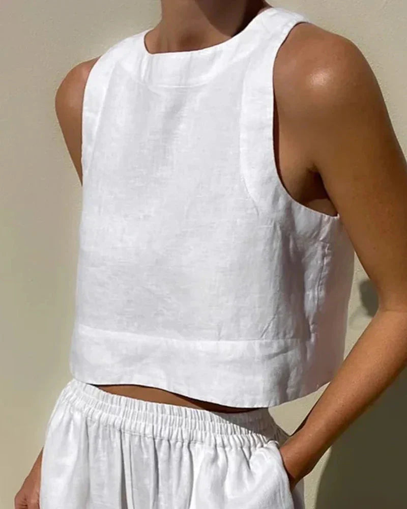 Women's Two-Piece Linen Co-Ord Set Sleeveless Crop Top Wide Leg Capri Trousers Summer Holiday Casual Smart Loungewear Lightweight Breathable Elastic Waist | Koossa