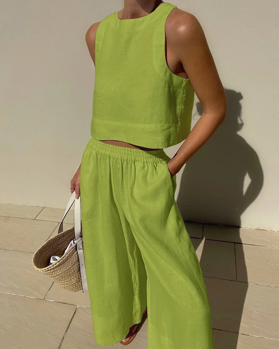 Women's Two-Piece Linen Co-Ord Set Sleeveless Crop Top Wide Leg Capri Trousers Summer Holiday Casual Smart Loungewear Lightweight Breathable Elastic Waist | Koossa