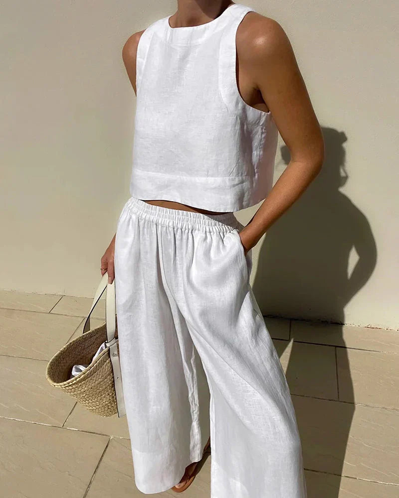 Women's Two-Piece Linen Co-Ord Set Sleeveless Crop Top Wide Leg Capri Trousers Summer Holiday Casual Smart Loungewear Lightweight Breathable Elastic Waist | Koossa