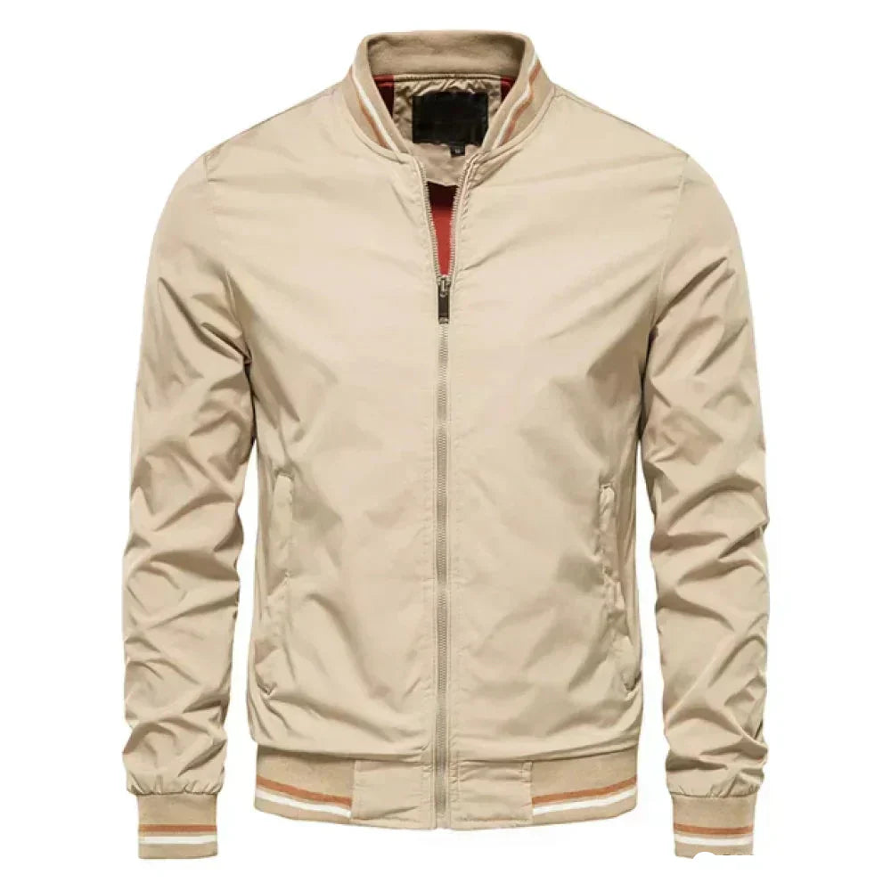 Bomber Jacket with Varsity Stripe Detail and Ribbed Trims in Four Versatile Colours | Classic Silhouette, Casual Layering Essential | Koossa