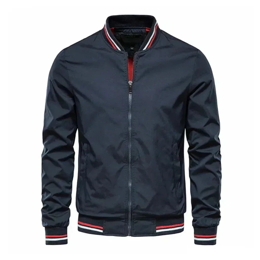 Bomber Jacket with Varsity Stripe Detail and Ribbed Trims in Four Versatile Colours | Classic Silhouette, Casual Layering Essential | Koossa