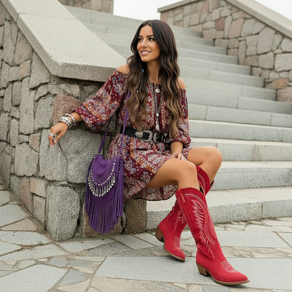 Embroidered Leather Western Boots Brown Mid-Block Heel Pointed Toe Cowboy Ankle Boots Ladies Pull-On Riding Boots Autumn Winter Footwear | Koossa