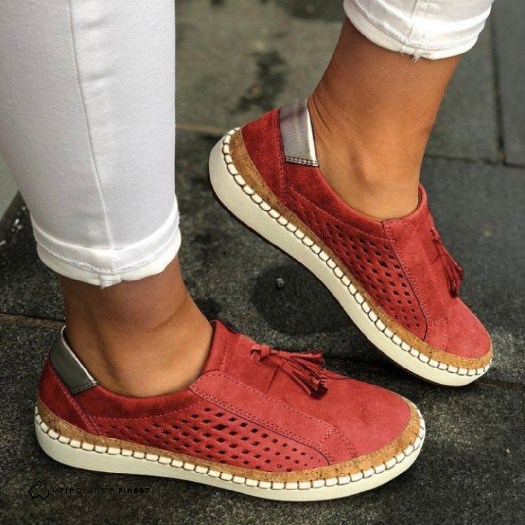 Women's Slip-On Platform Walking Shoes with Perforated Detail and Tassel Accent in Green, Black, Blue, White, and Red – Comfortable Cushioned Sole Casual Everyday Footwear for Spring Summer Leisure | Koossa