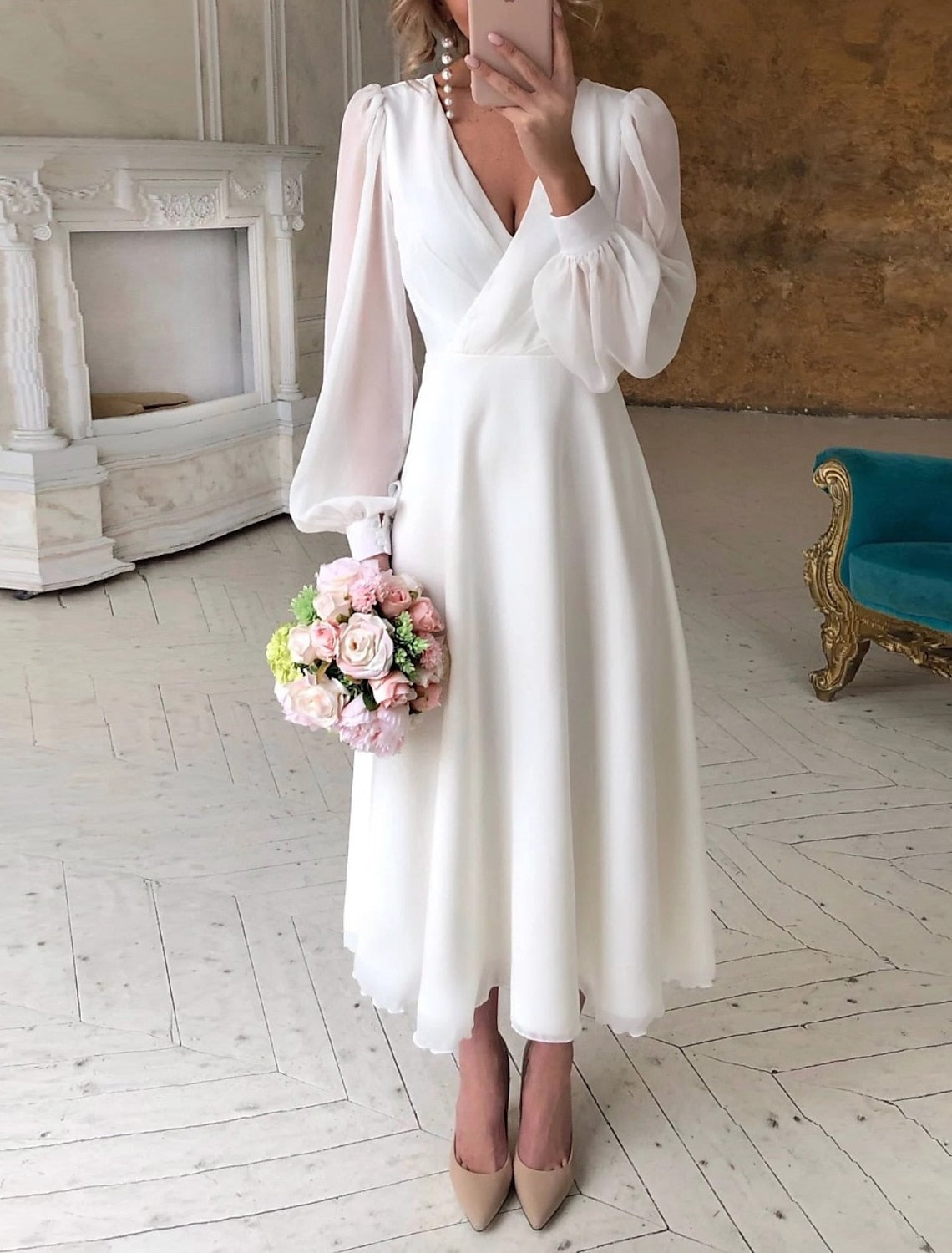 Women's White Midi Wedding Dress — Elegant Bridal Dress with Puff Sleeves for Registry Office & Garden Weddings | Koossa
