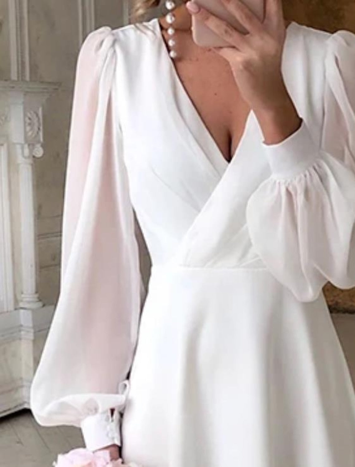Women's White Midi Wedding Dress — Elegant Bridal Dress with Puff Sleeves for Registry Office & Garden Weddings | Koossa