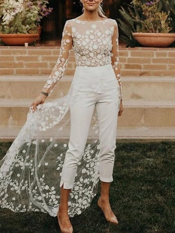 Women's White Bridal Jumpsuit — Elegant Long Sleeve Wedding Jumpsuit for Modern Registry Office & Contemporary Ceremonies | Koossa