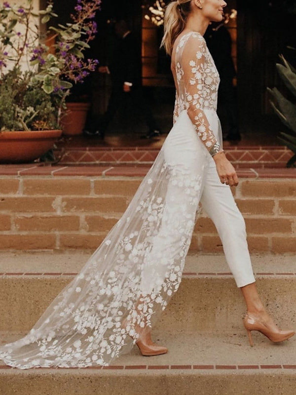 Women's White Bridal Jumpsuit — Elegant Long Sleeve Wedding Jumpsuit for Modern Registry Office & Contemporary Ceremonies | Koossa