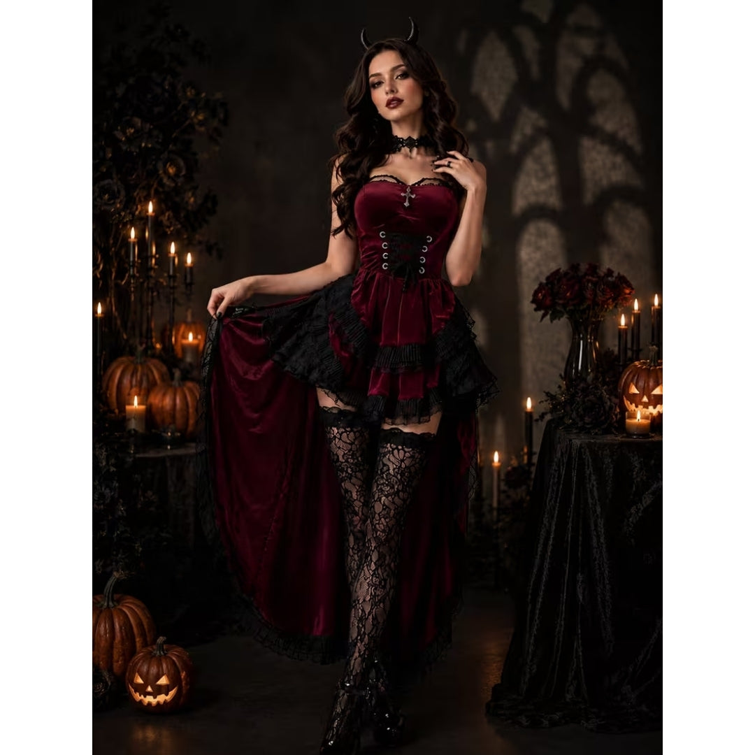 Women's Gothic Devil Costume 4-Piece Set with Corset & Layered Skirt – Burgundy & Black Lace Fantasy Outfit for Halloween Parties, Cosplay | Lonoma
