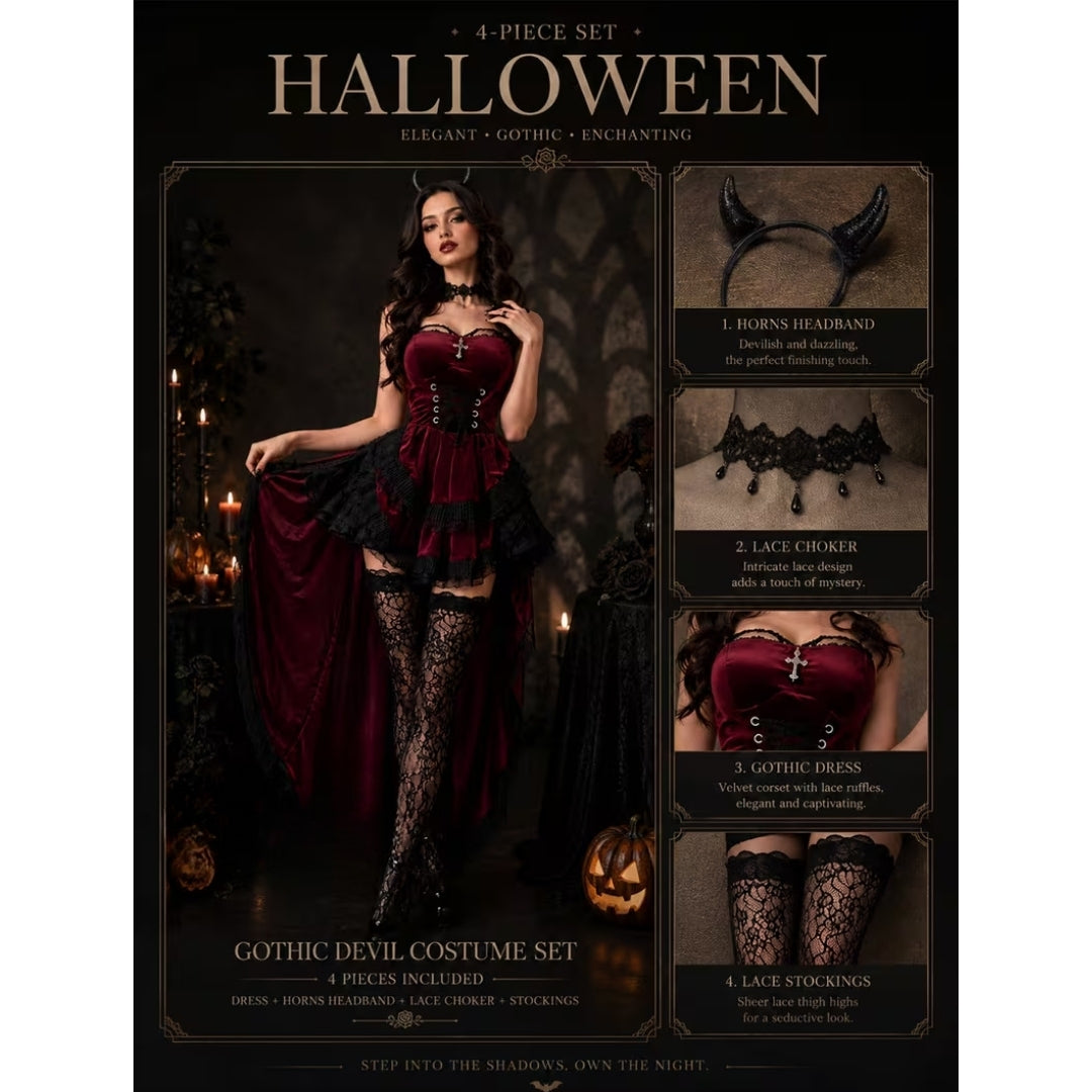 Women's Gothic Devil Costume 4-Piece Set with Corset & Layered Skirt – Burgundy & Black Lace Fantasy Outfit for Halloween Parties, Cosplay | Lonoma