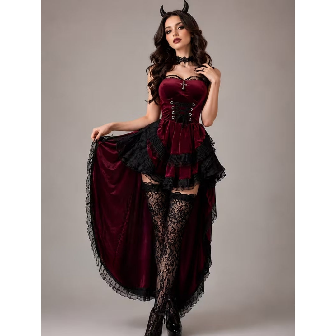 Women's Layered Devil Costume Burgundy Black Lace Halloween Cosplay Party Dress Gothic Fantasy Outfit Theatrical Ensemble Witch Vampire | Lonoma