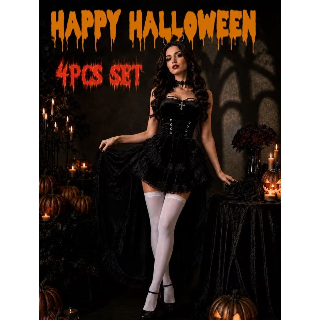 Women's Gothic Devil Costume 4-Piece Set with Corset & Layered Skirt – Burgundy & Black Lace Fantasy Outfit for Halloween Parties, Cosplay | Lonoma