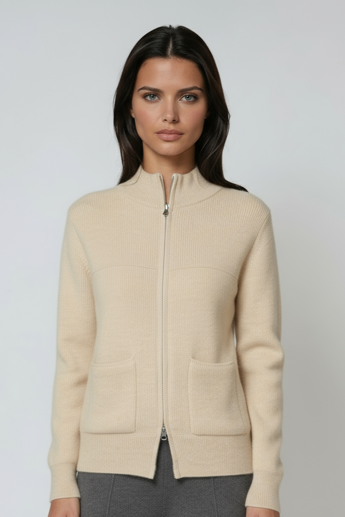 Women's Zipped Merino Wool Cardigan with High Neck in Beige, Pink, Camel & Turquoise | Relaxed Fit Knitwear | Koossa