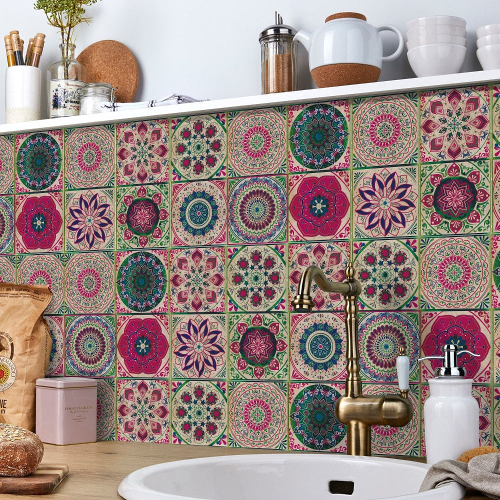 Stickers muraux adhésifs inspiration mandala portugais pour carrelage cuisine et salle de bains lot 24 pièces | Koossa