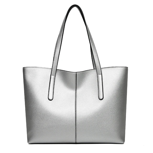 Structured Tote Bag with Long Shoulder Straps in Vegan Leather — Black, Green, Red & Silver | Koossa