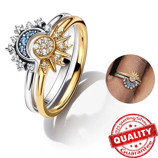 Women's Sterling Silver Sun & Moon Crystal Ring Set — Celestial Statement Ring for Special Occasions | Koossa