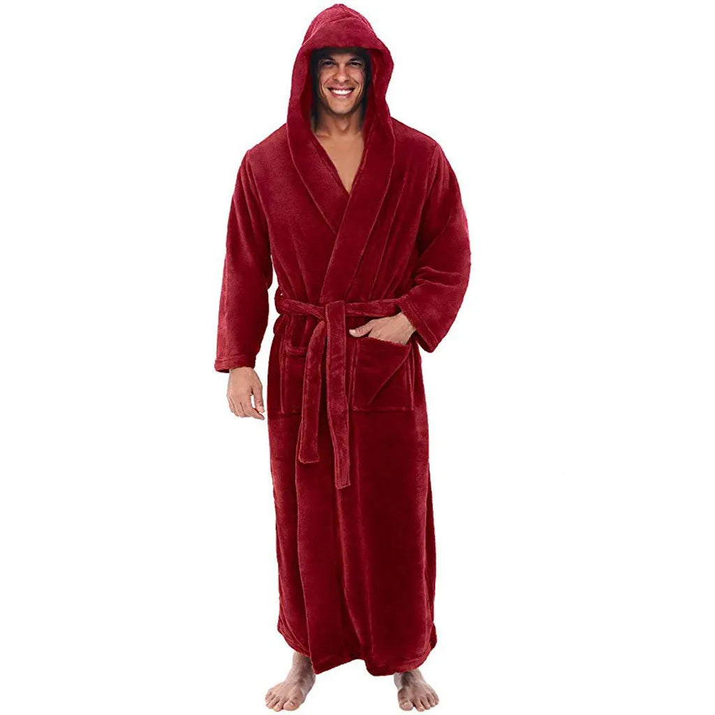Men's Hooded Bathrobe Plush Fleece Loungewear | Soft House Robe for Shower & Relaxation | Long Sleeve Wrap | Lonoma