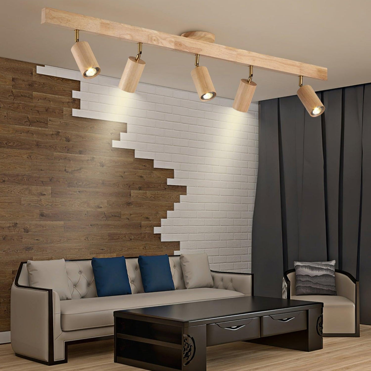 Adjustable Track Light with Wood Accent - 2/3/4/5 Spotlight Heads - Ceiling Mount LED - Warm Light for Kitchen, Hallway, Living Room | Lonoma