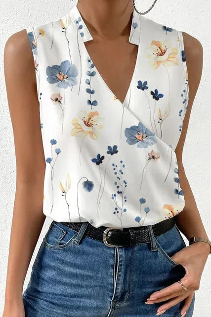 Sleeveless V-Neck Wrap Blouse in Floral & Solid Colours for Effortless Spring Elegance | Koossa