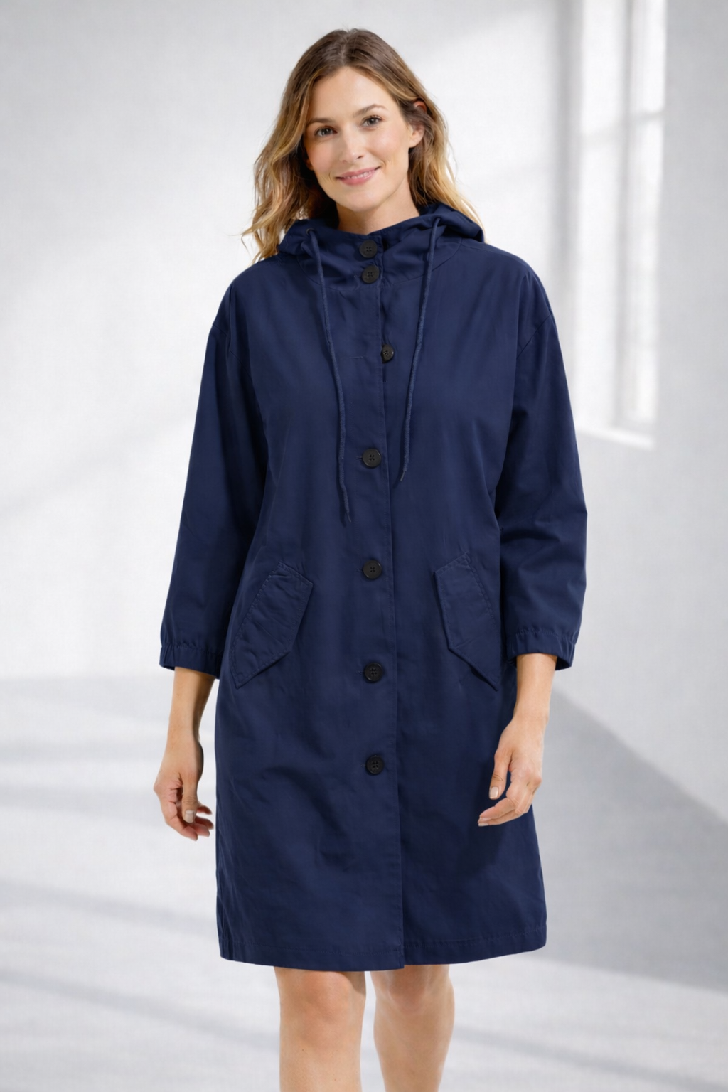 Women's Mid-Length Hooded Jacket — Relaxed Fit Button-Front Coat for Everyday & Transitional Weather | Koossa