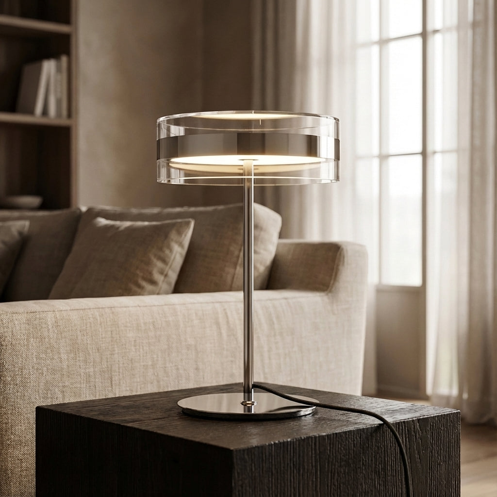 Cylindrical Acrylic Table Lamp, Chrome Base 15.7 in Tall, Modern Nightstand Desk Light for Bedroom, Office, Reading and Accent Lighting | Lonoma
