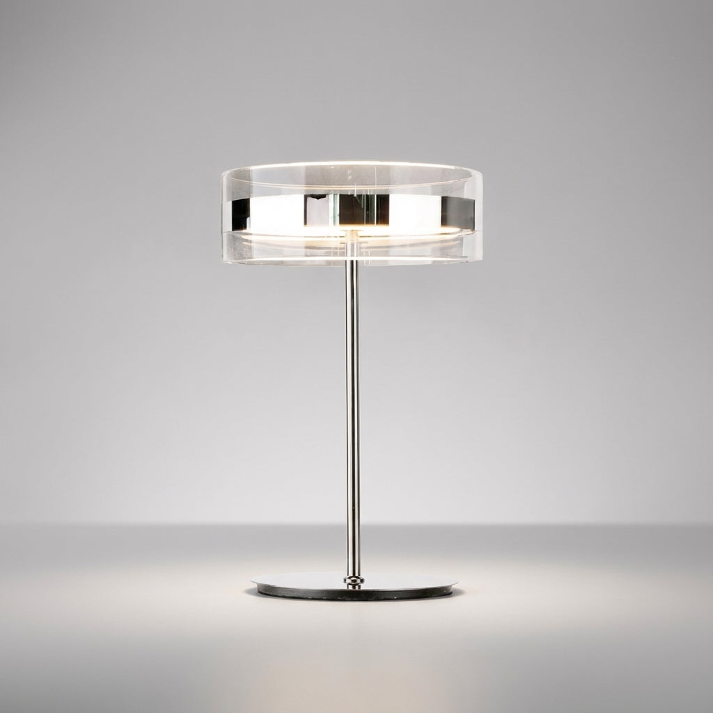 Cylindrical Acrylic Table Lamp, Chrome Base 15.7 in Tall, Modern Nightstand Desk Light for Bedroom, Office, Reading and Accent Lighting | Lonoma